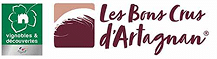 Logos Les Bons Crus d'Artagnan et Vignobles & Découvertes, lettrage bordeaux et icône de vigne verte.